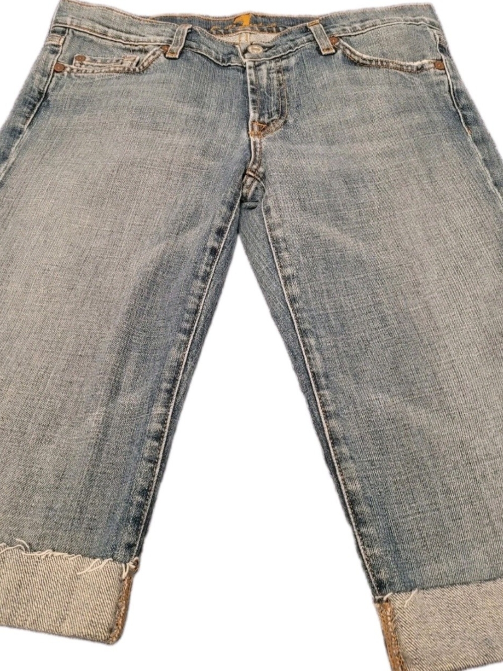 7 For All Mankind Women’s 30 Light Wash Denim Bermuda Shorts Raw Frayed Cuff USA